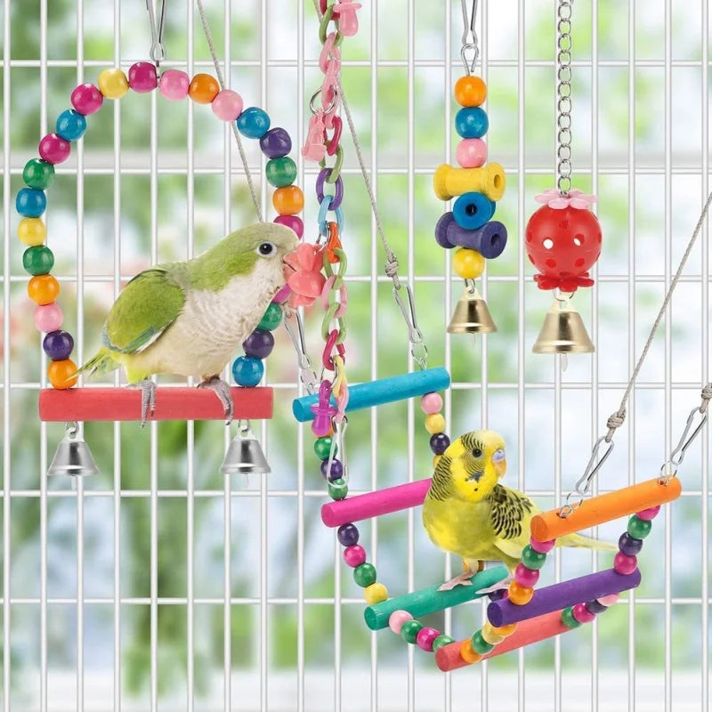 Colorful Wooden Bird Toys - Swing Hammock & Chewing Toys Set for Parrots
