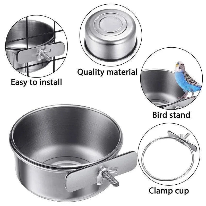 Stainless Steel Bird Feeder - Parrot Food & Water Cup with Clamp Holder for Parakeets & Lovebirds