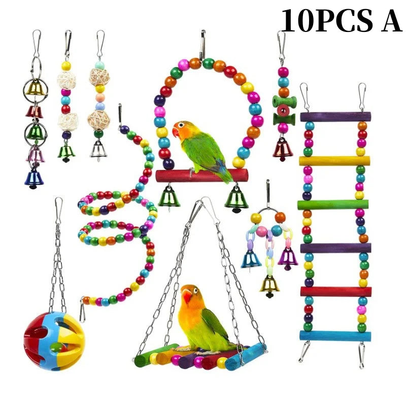Colorful Wooden Bird Toys - Swing Hammock & Chewing Toys Set for Parrots